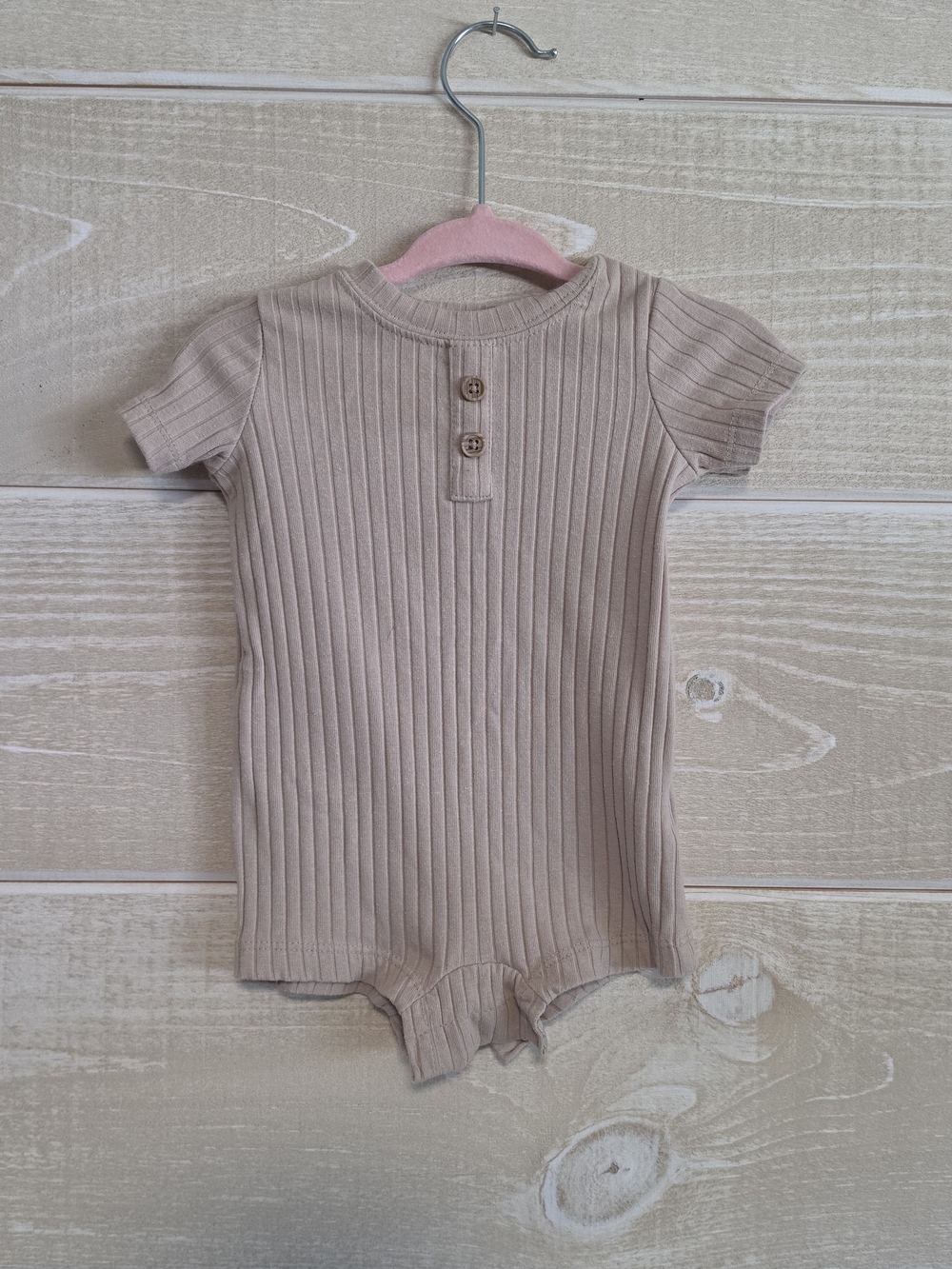 Ribbed Short-Sleeve One-Piece Bodysuit in Beige - Unbranded